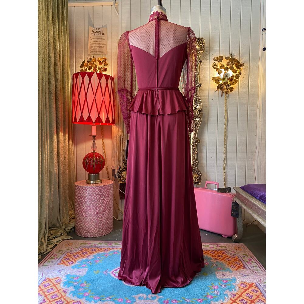 vintage 1970s maroon peplum maxi dress, embroidered net lace, wednesday, med 28 - Picture 9 of 10
